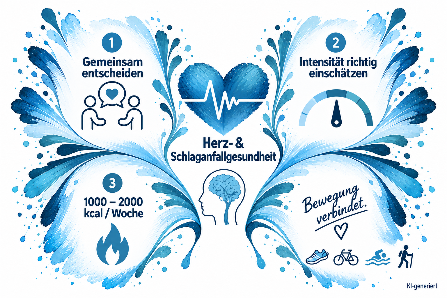 Grafik zum Thema Herz- und Schlaganfallgesundheit in verschiedenen Blautönen. Im Zentrum steht ein Herz mit einer EKG-Linie. Darunter ist der Umriss eines Kopfes mit einem dargestellten Gehirn zu sehen. Rundherum zeigt die Grafik drei zentrale Punkte: „Gemeinsam entscheiden“ mit zwei Personen und einer Sprechblase, „Intensität richtig einschätzen“ mit einer Skala sowie „1000–2000 kcal/Woche“ mit einem Flammensymbol. Rechts steht „Bewegung verbindet.“ Darunter zeigen Symbole verschiedene Bewegungsformen wie Gehen, Radfahren, Schwimmen und Wandern. Blaue, geschwungene Pinselstriche rahmen die Inhalte ein. Generiert mit KI. Grafik zum Thema Herz- und Schlaganfallgesundheit in verschiedenen Blautönen. Im Zentrum steht ein Herz mit einer EKG-Linie. Darunter ist der Umriss eines Kopfes mit einem dargestellten Gehirn zu sehen. Rundherum zeigt die Grafik drei zentrale Punkte: „Gemeinsam entscheiden“ mit zwei Personen und einer Sprechblase, „Intensität richtig einschätzen“ mit einer Skala sowie „1000–2000 kcal/Woche“ mit einem Flammensymbol. Rechts steht „Bewegung verbindet.“ Darunter zeigen Symbole verschiedene Bewegungsformen wie Gehen, Radfahren, Schwimmen und Wandern. Blaue, geschwungene Pinselstriche rahmen die Inhalte ein. Generiert mit KI.