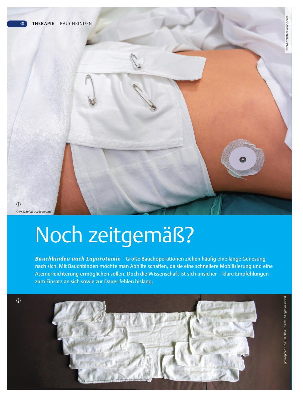 Titelbild zur Publikation „Noch zeitgemäß? - Bauchbinden nach Laparotomie“ im Magazin "physiopraxis" Fotocredit: Thieme Verlag 