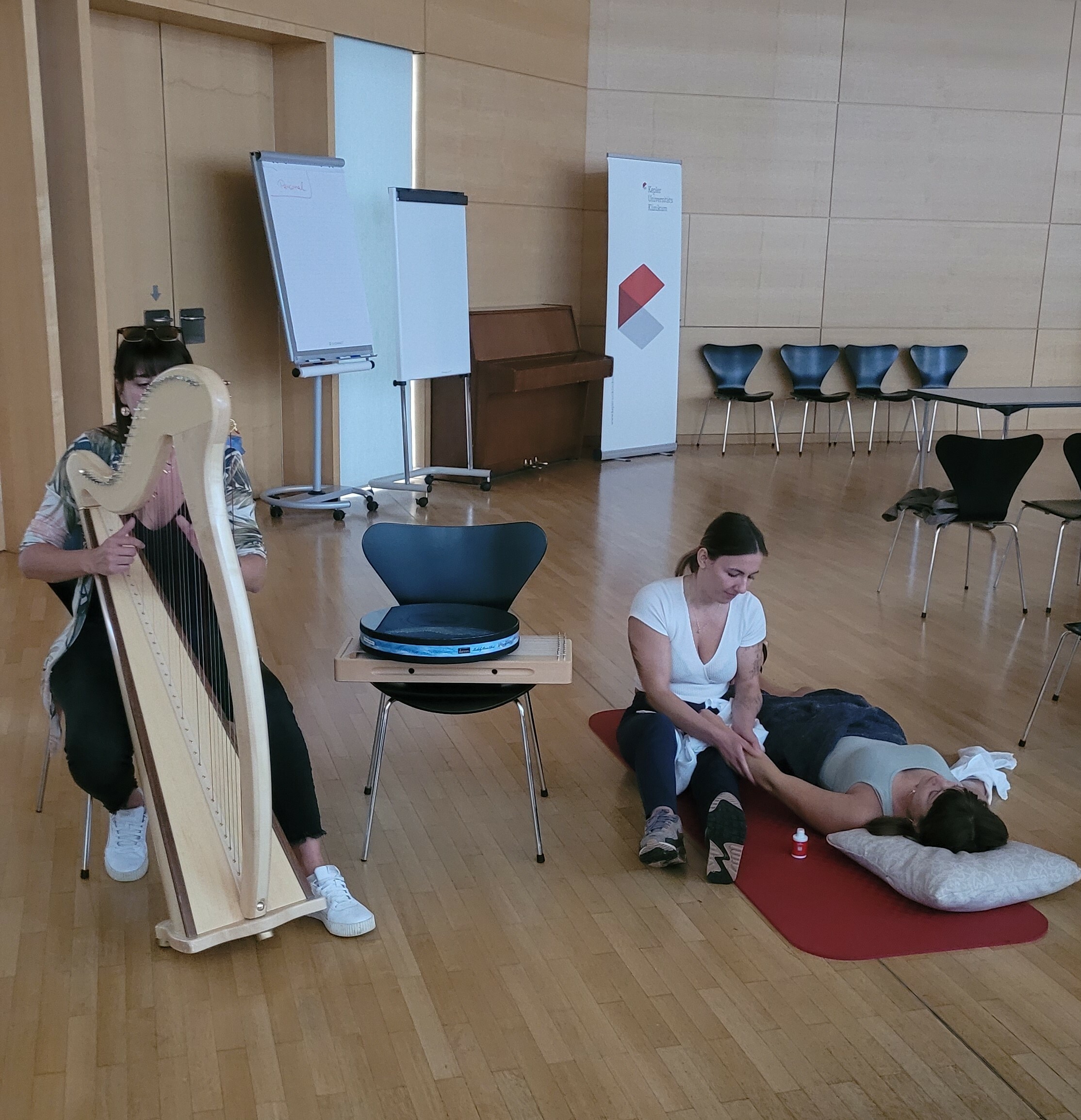 Musiktherapeutin mit Harfe ergänzt mit Personen sitzend und liegend 