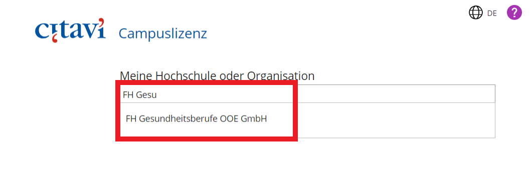 Bild mit Ansicht der Auswahl der Hochschule bei Citavi Web Bild mit Ansicht der Auswahl der Hochschule bei Citavi Web
