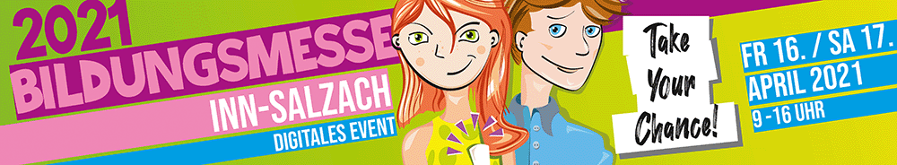 Headerbild mit zwei in bunten Farben illustrierten Jugendlichen (Mädchen und Junge) für die Bildungsmesse Inn-Salzach 2021 im Landkreis Altötting/ Deutschland 