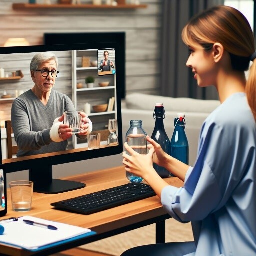 Ergotherapeutin vor einem Bildschirm beim gemeinsamen Üben mit einem Ergotherapie Patienten. Die Grafik wurde erstellt mit Microsoft Copilot. 