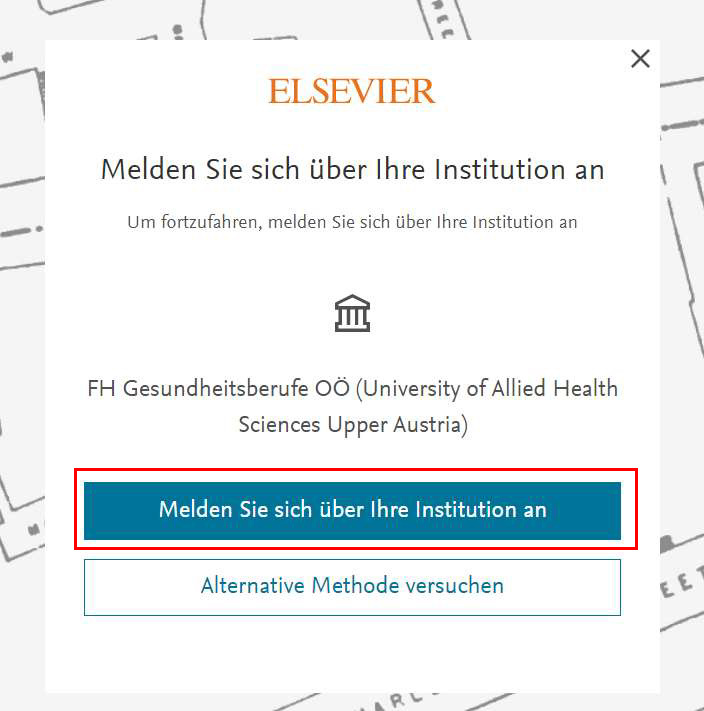 Shibboleth Elesvier "Melden Sie sich über Ihre Institution an" Fenster Shibboleth Elesvier "Melden Sie sich über Ihre Institution an" Fenster 