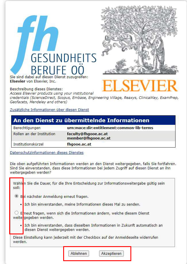 Shibboleth Elsevier "an den Dienst zu übermittelnde Funktionen" Fenster Shibboleth Elsevier "an den Dienst zu übermittelnde Funktionen" Fenster 