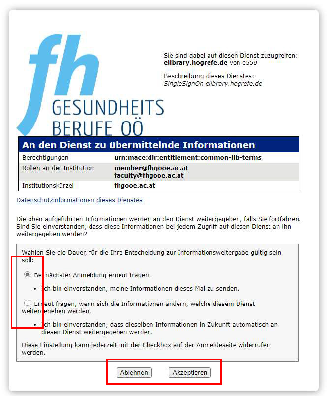 Shibboleth Hogrefe "zu übermittelnde Daten" Fenster Shibboleth Hogrefe "zu übermittelnde Daten" Fenster 