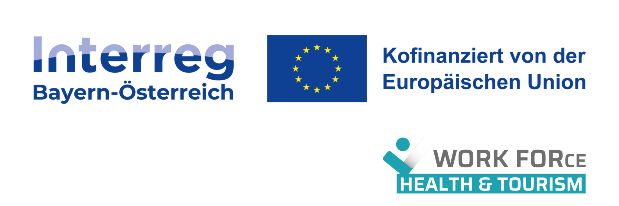 Die Logos des INTERREG VI-A-Programms Bayern-Österreich 2021-2027 und von WORK FORce Health & Tourism 