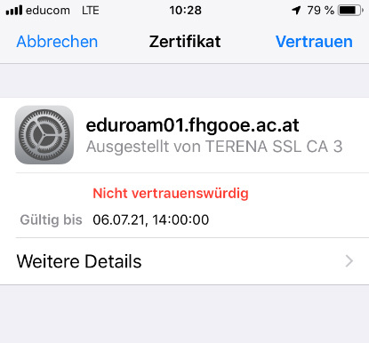 eduroam Screenshot ios Sicherheitszertifikat 