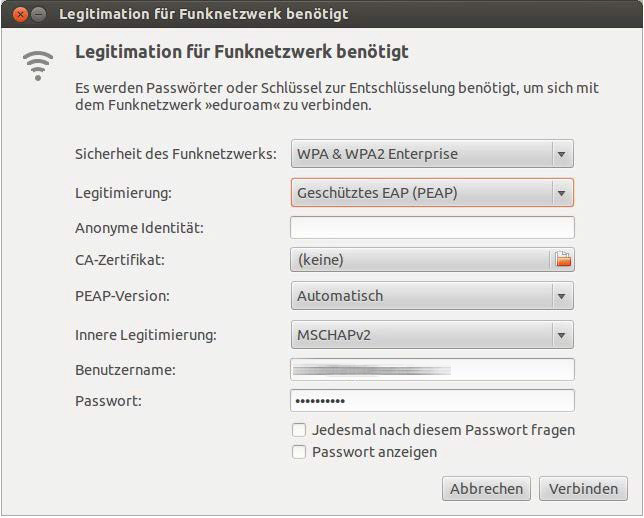 eduroam Screenshot linux Benutzerdateneingabe 