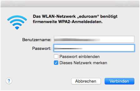 eduroam Screenshot macos Benutzerdateneingabe 